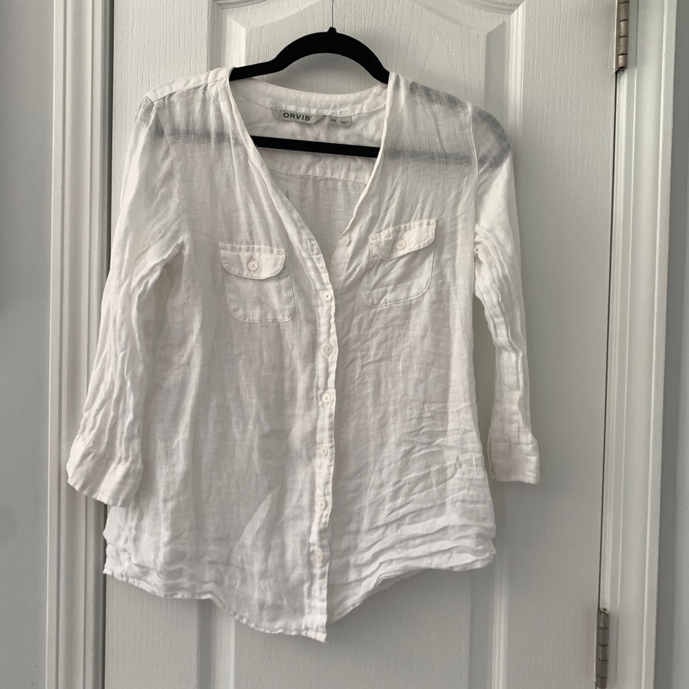Orvis Womens White 100% Linen Button Down Shirt V-Neck Pocket XS RN 70534